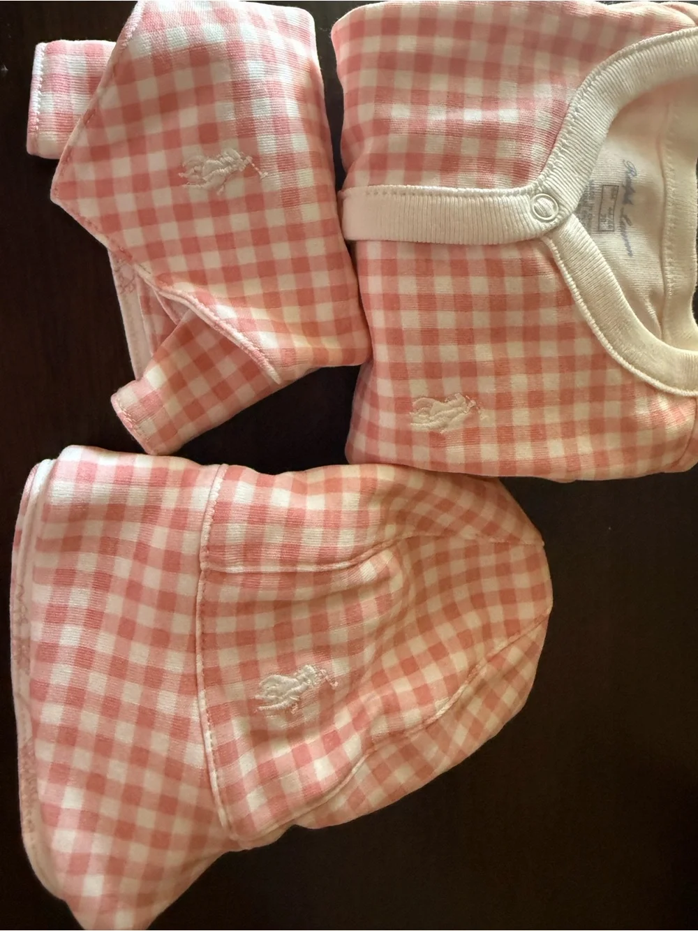 Ralph Lauren Pink Gingham Baby One-Piece with Hat & Bandana Set
